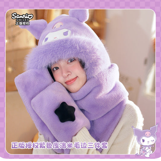 Kuromi - Plush hat, gloves and scarf 3in1